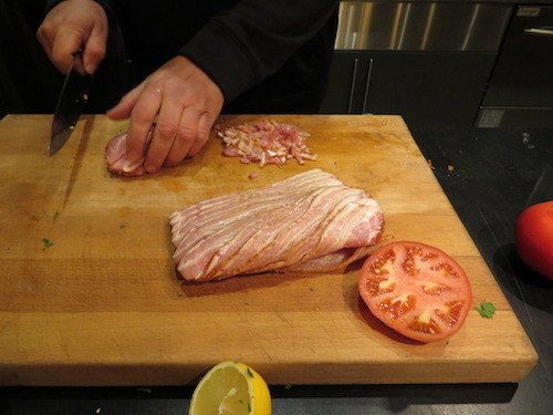 Recipes - 30 minute meals and organic recipes from Nutrafarms -ChefD Cutting Smoked Bacon