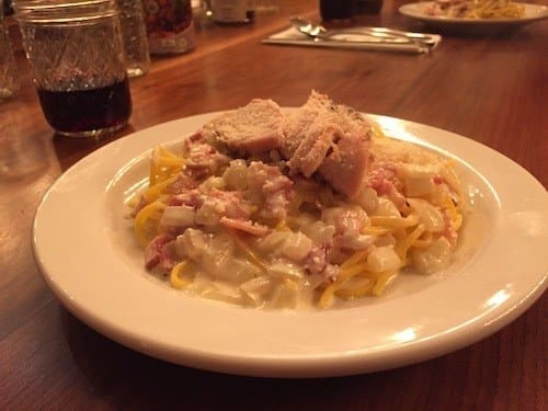 Recipes - 30 minute meals and organic recipes from Nutrafarms - Spaghetti carbonara with smoked bacon topped with grilled free range chicken Recipes - 30 minute meals and organic recipes from Nutrafarms - Spaghetti carbonara with smoked bacon topped with grilled free range chicken