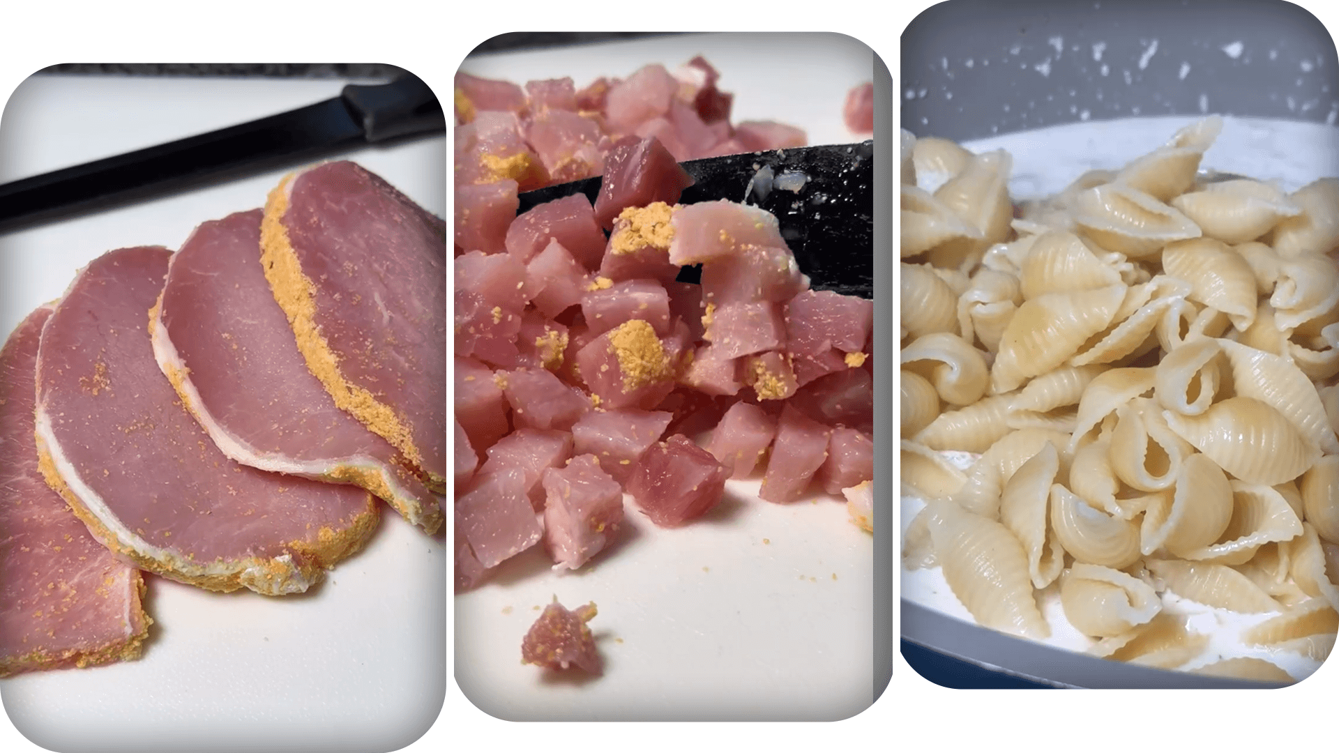 diced-peameal-bacon-and-cooked-pasta-shells