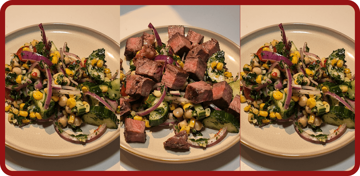 chimichurri-steak-salad-served Sliced New York strip steak served over a fresh chimichurri salad with cucumber, tomatoes, chickpeas, and corn.