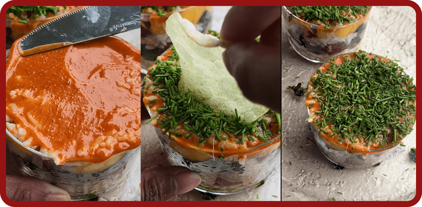 decorated-tuna-poke-dot-cake Finished Tuna Poke Dot Cake topped with spicy mayo and fresh chives, ready to serve.
