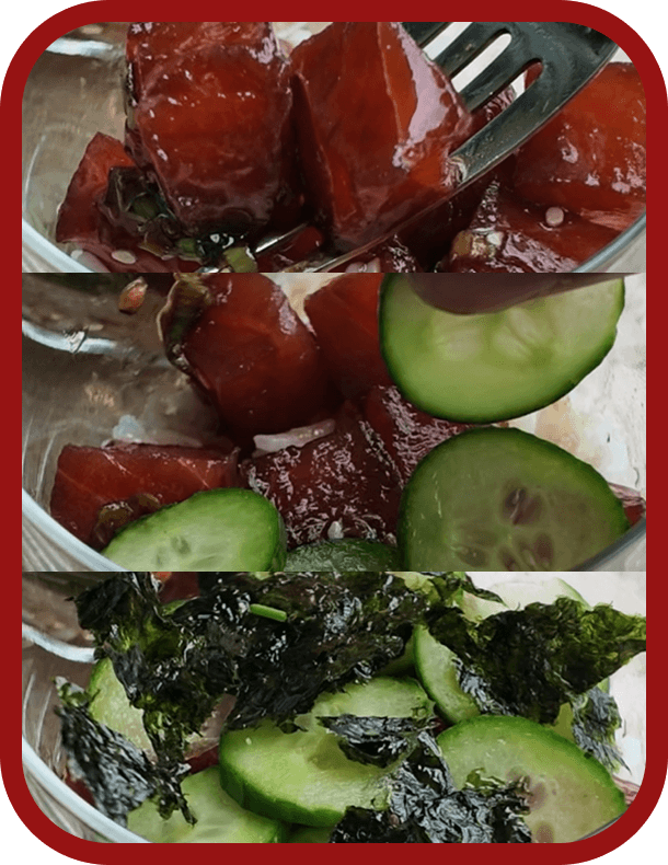 prepping-poke-cake-topping Sliced avocado, diced mango, cucumber, and crushed seaweed prepared for a Tuna Poke Dot Cake.