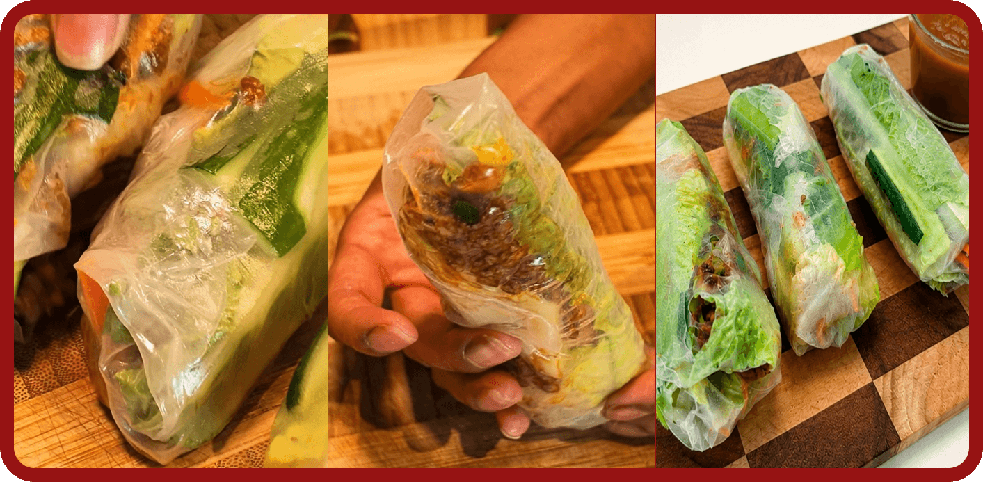 rolling-and-serving-ground-beef-rice-paper-rolls Fresh ground beef rice paper rolls tightly wrapped and served with homemade peanut dipping sauce.