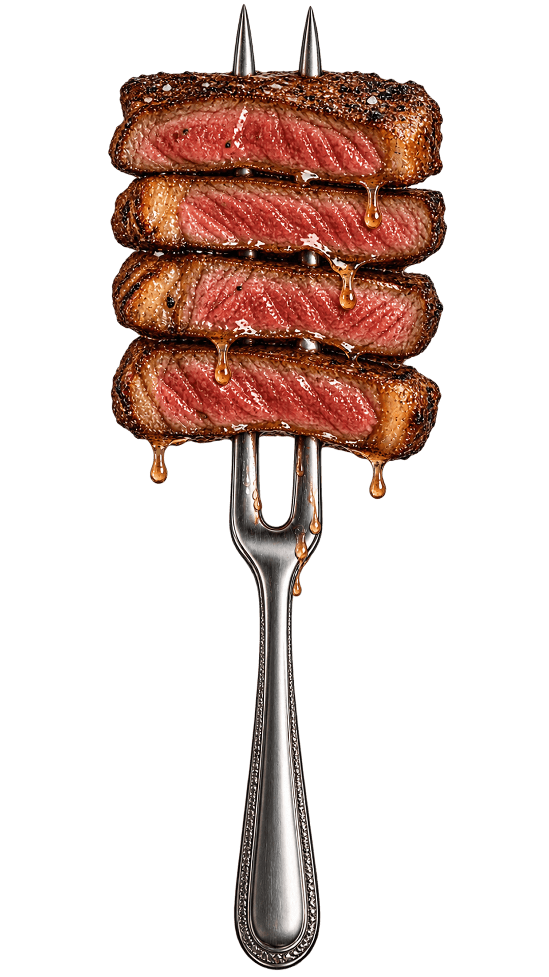 four-juicy-slices-of-cooked-sirloin-steak-stacked-on-a-fork four-juicy-slices-of-cooked-sirloin-steak-stacked-on-a-fork